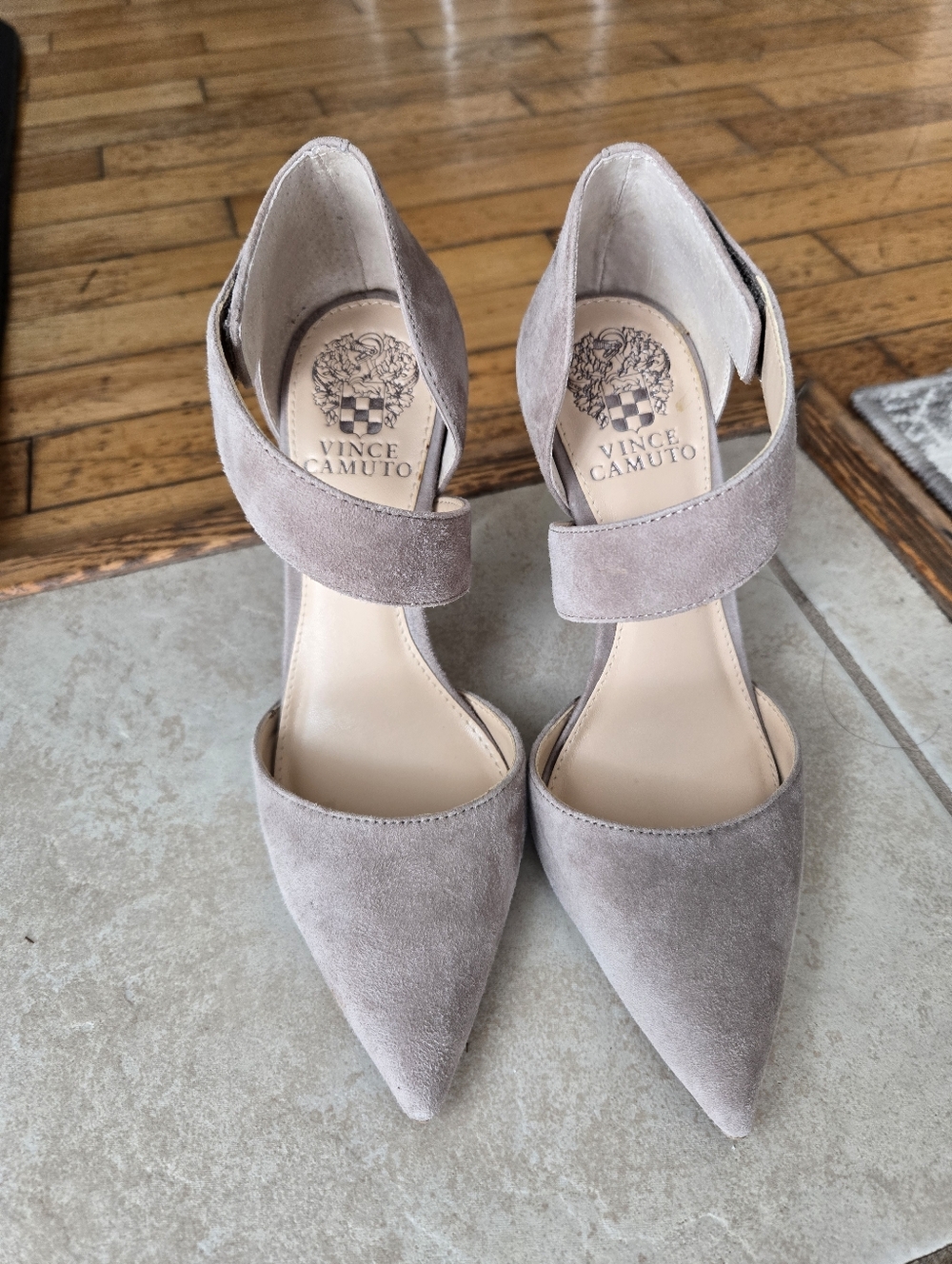 Vince Camuto Taupe Suede Pointed-Toe Ankle-Strap Heels
